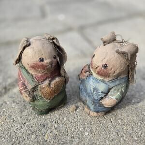 Arlene Wobler Folk Art Ceramic Bunny Rabbit Pair Chalkware Farmers Overalls